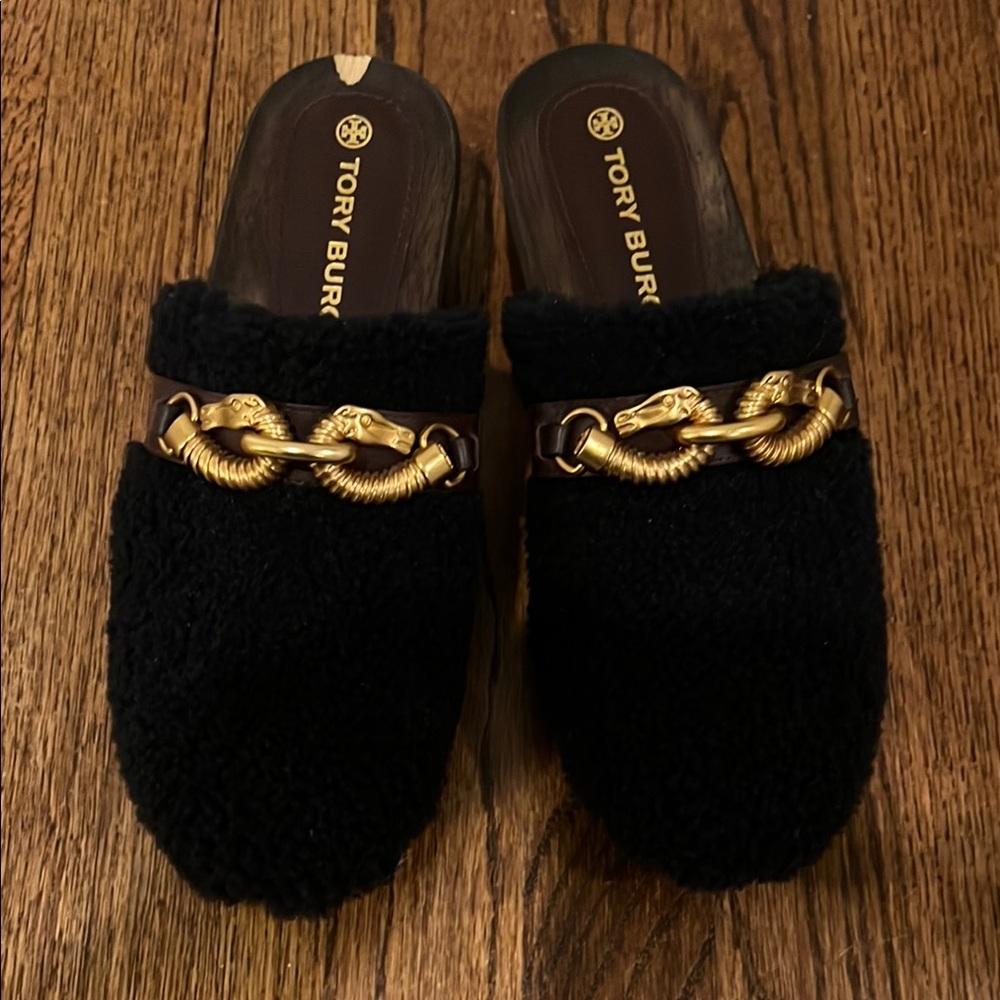 Tory Burch Black Mules with Gold Chain Detail